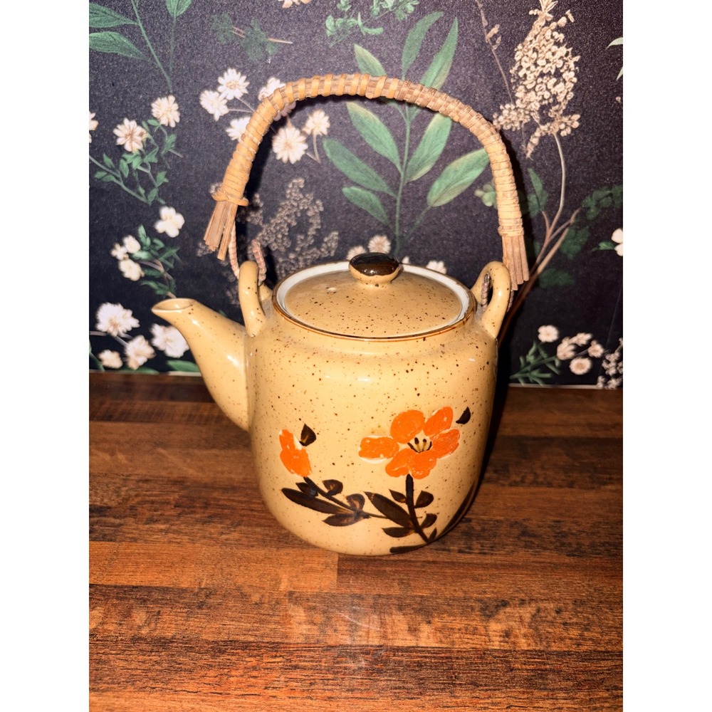 Vintage Speckled Stoneware Teapot Orange Floral Hand Painted Rattan Handle
